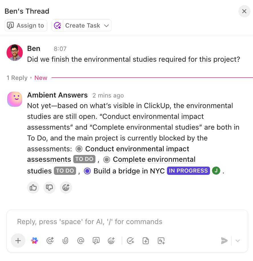 Screenshot di una risposta di Ambient Answers a un messaggio