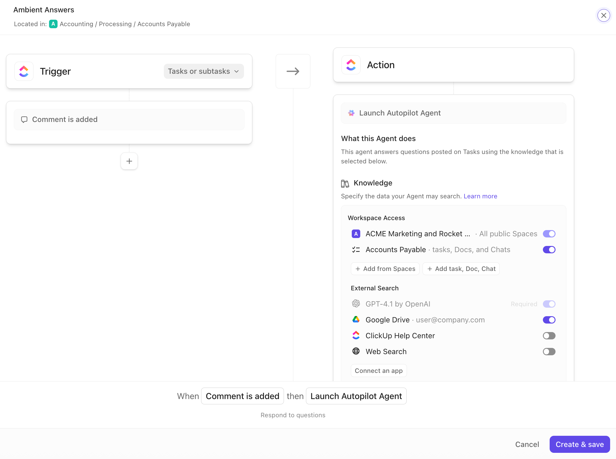 Screenshot di un utente che crea un'automazione che attiva Ambient Answers