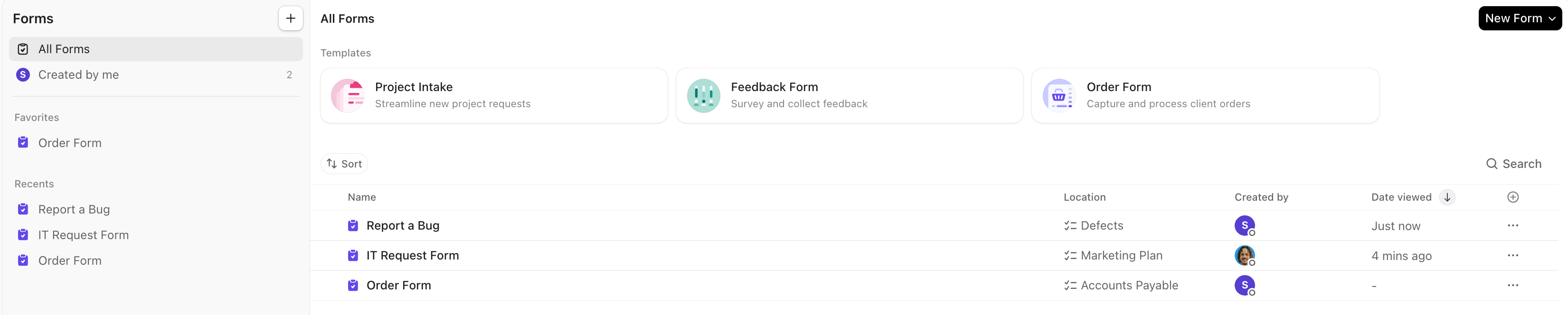 Screenshot des Formulare-Hubs
