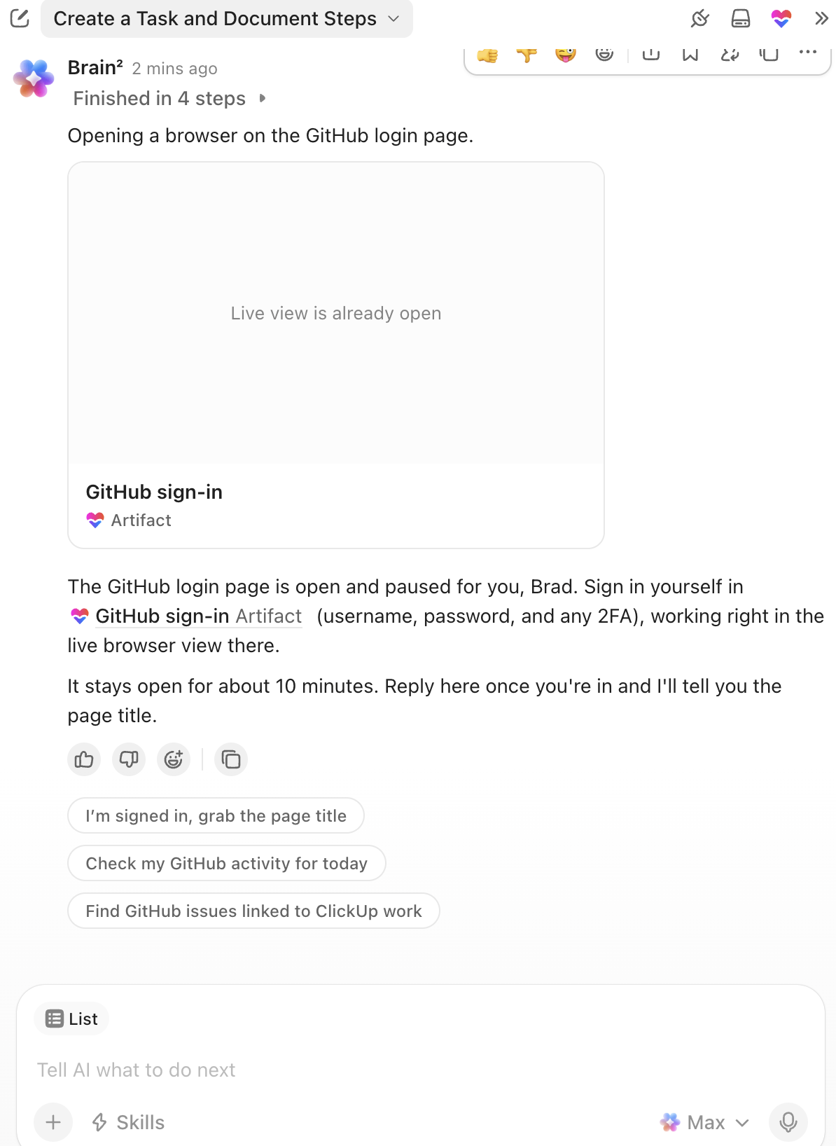 Screenshot di Brain che apre un browser