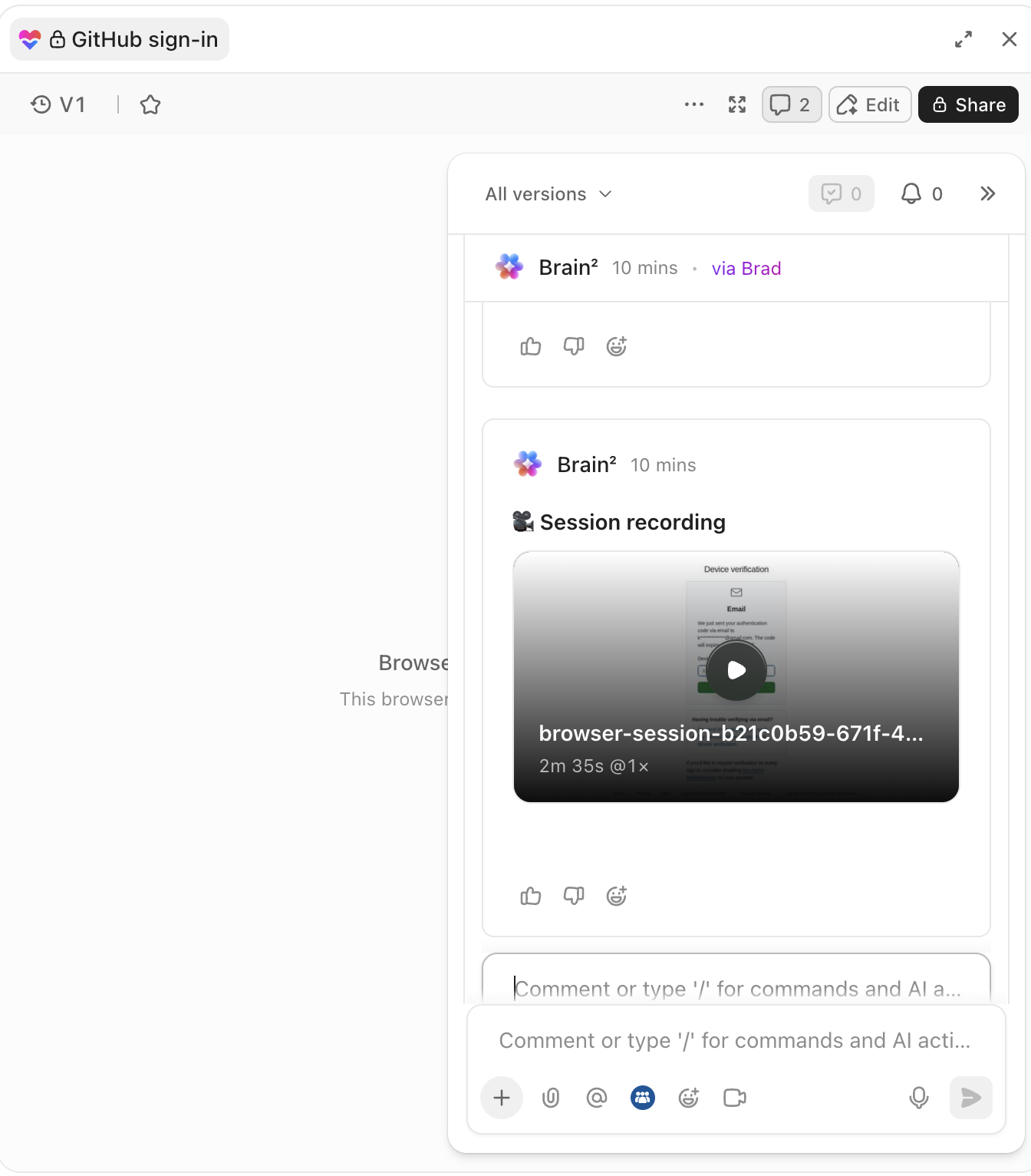 Captura de tela da gravação do navegador em um comentário