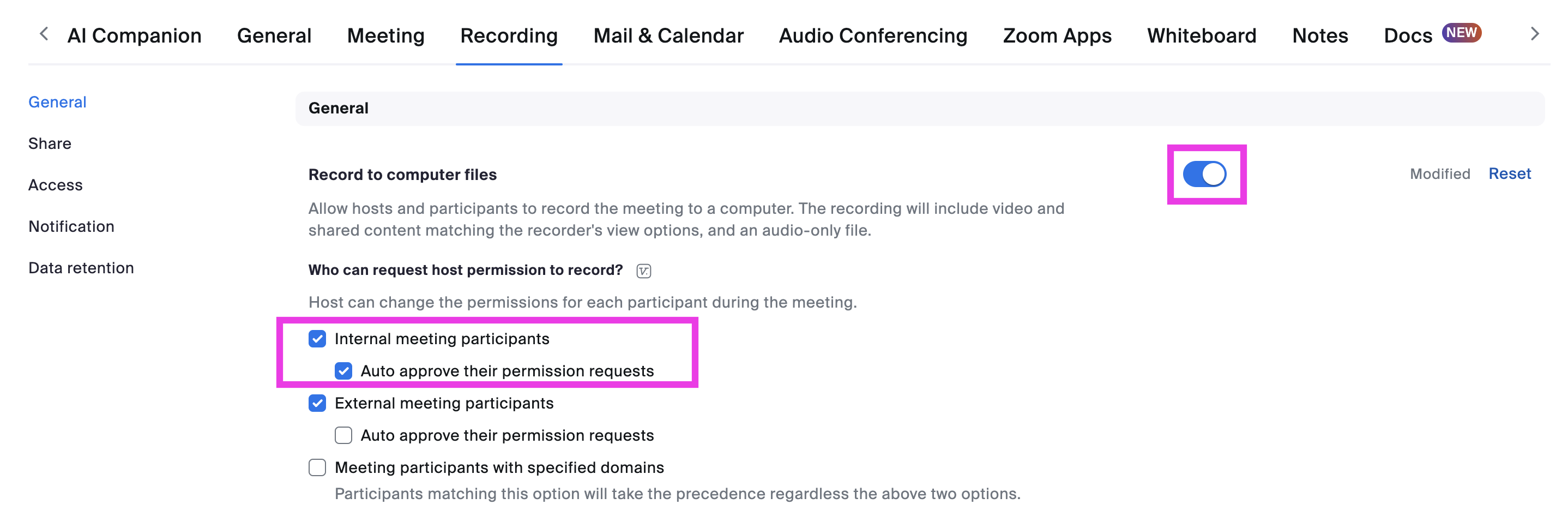 Screenshot highlighting the different permissions that must be enabled in your Zoom settings