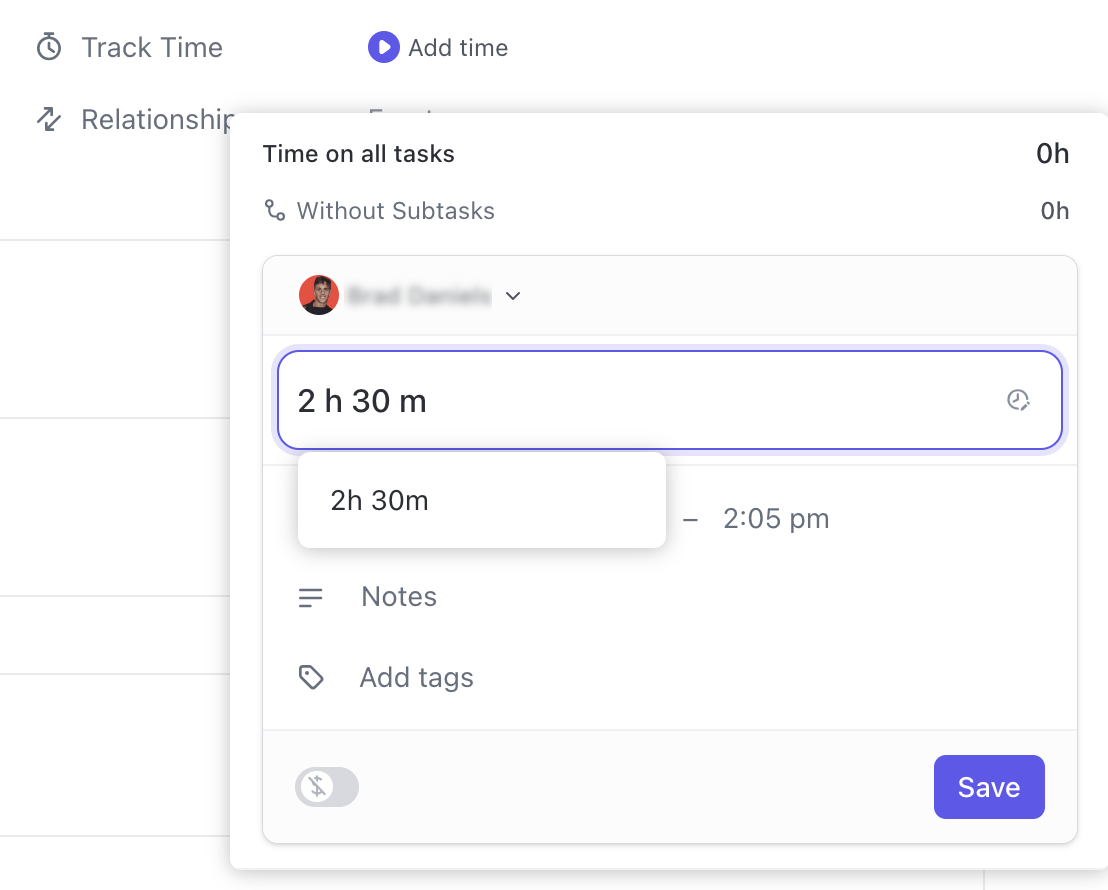 Captura de pantalla de una entrada de control de tiempo manual