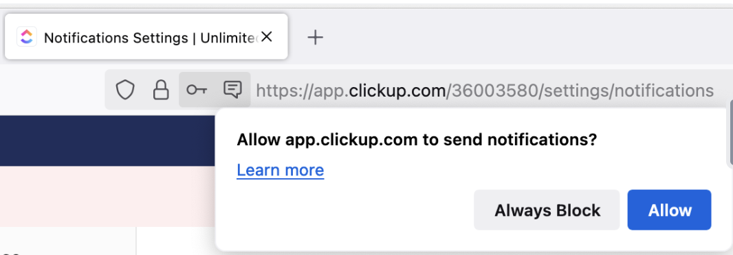 Screenshot del popup per consentire le notifiche su Firefox