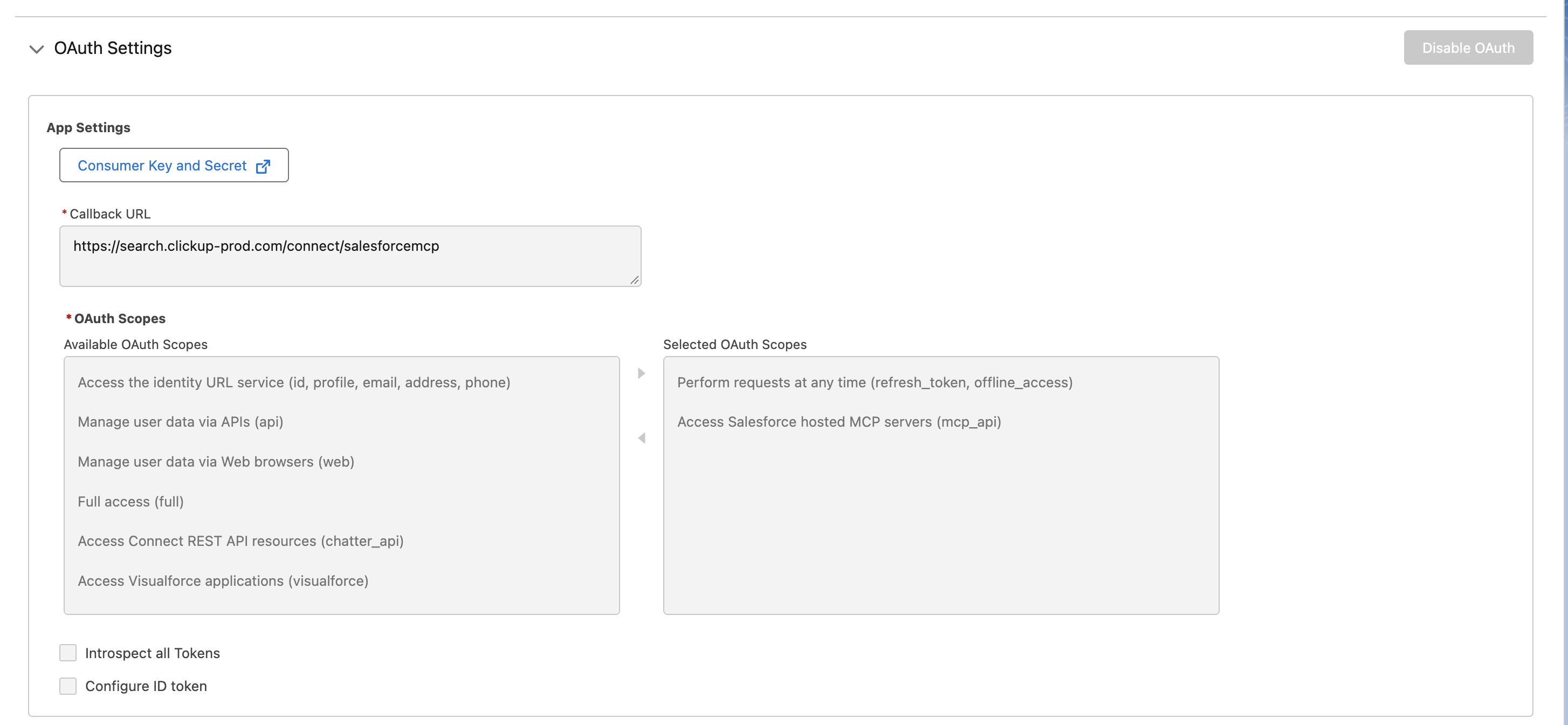 Screenshot della pagina delle impostazioni OAuth