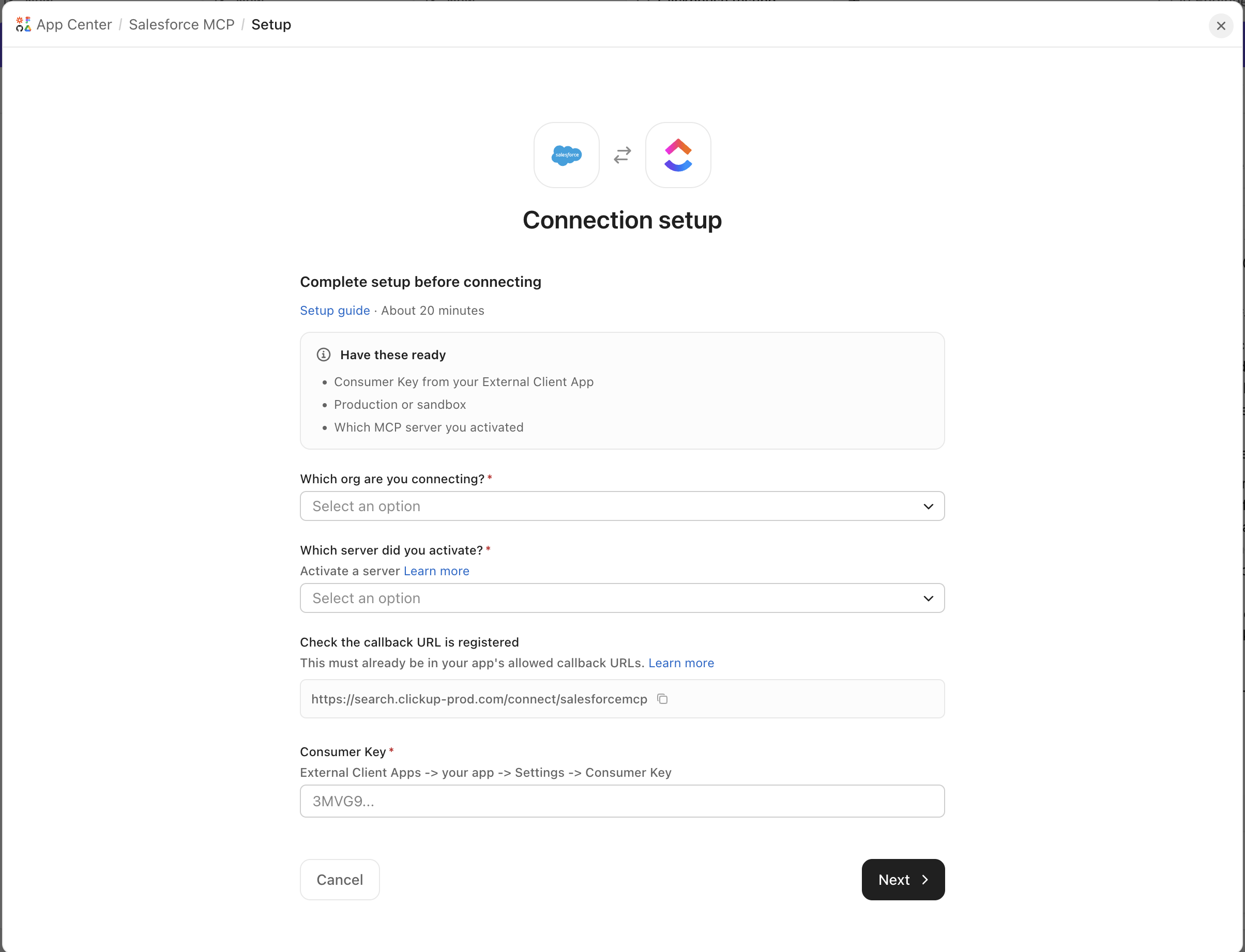 Screenshot della pagina di configurazione della connessione nell'App Center di ClickUp