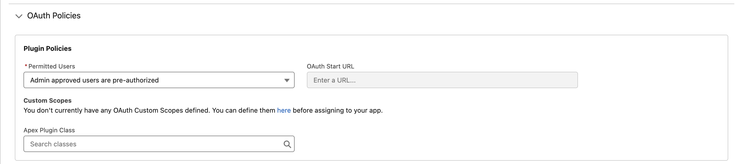Captura de pantalla de la sección de políticas de OAuth
