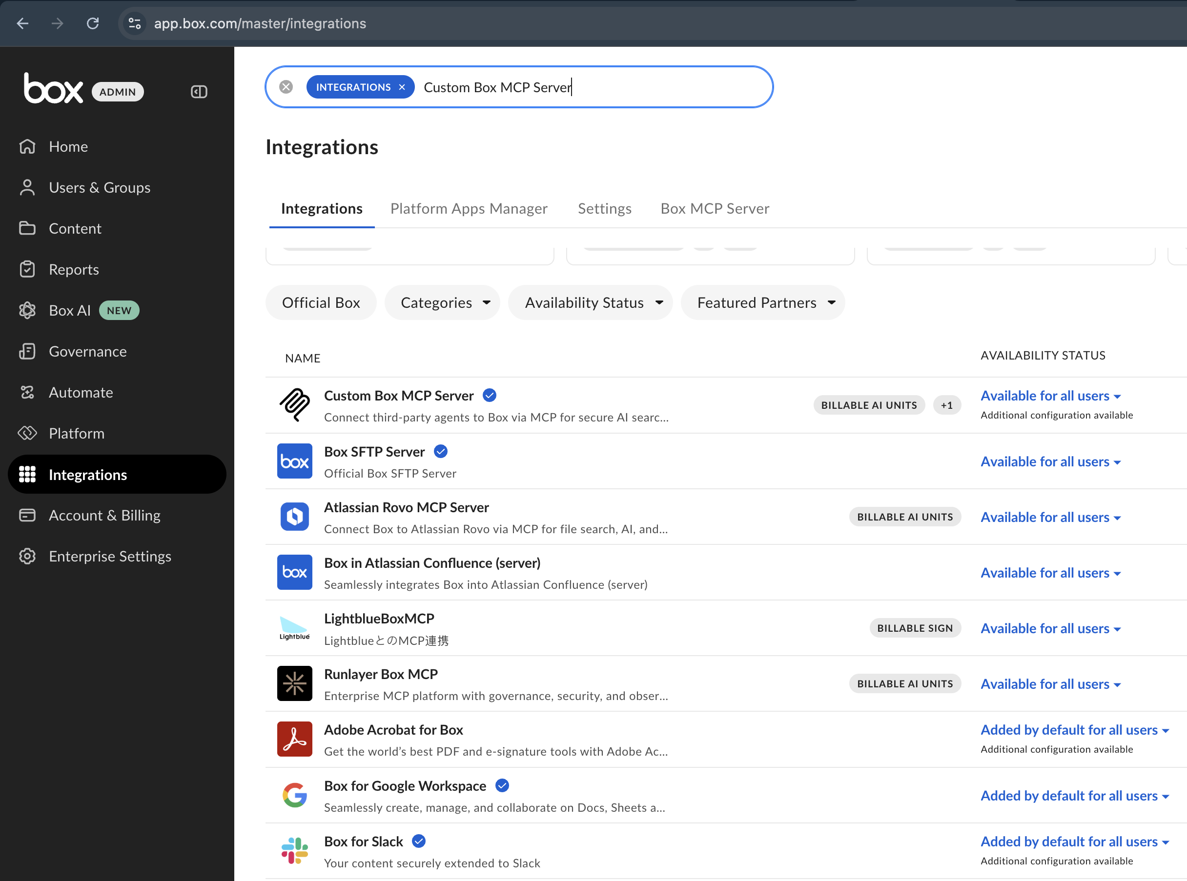 Screenshot of the Integrations page