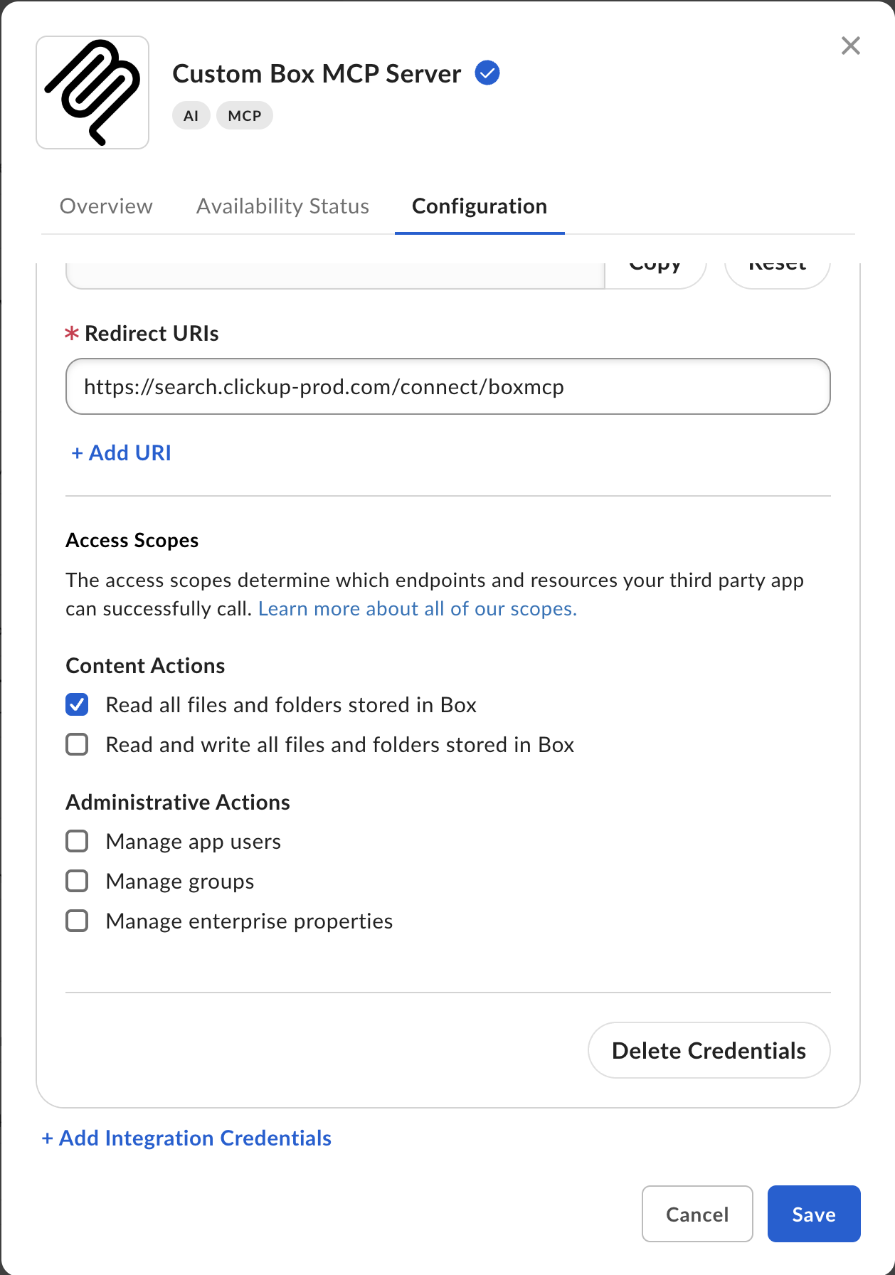 Screenshot of the configuration and URI