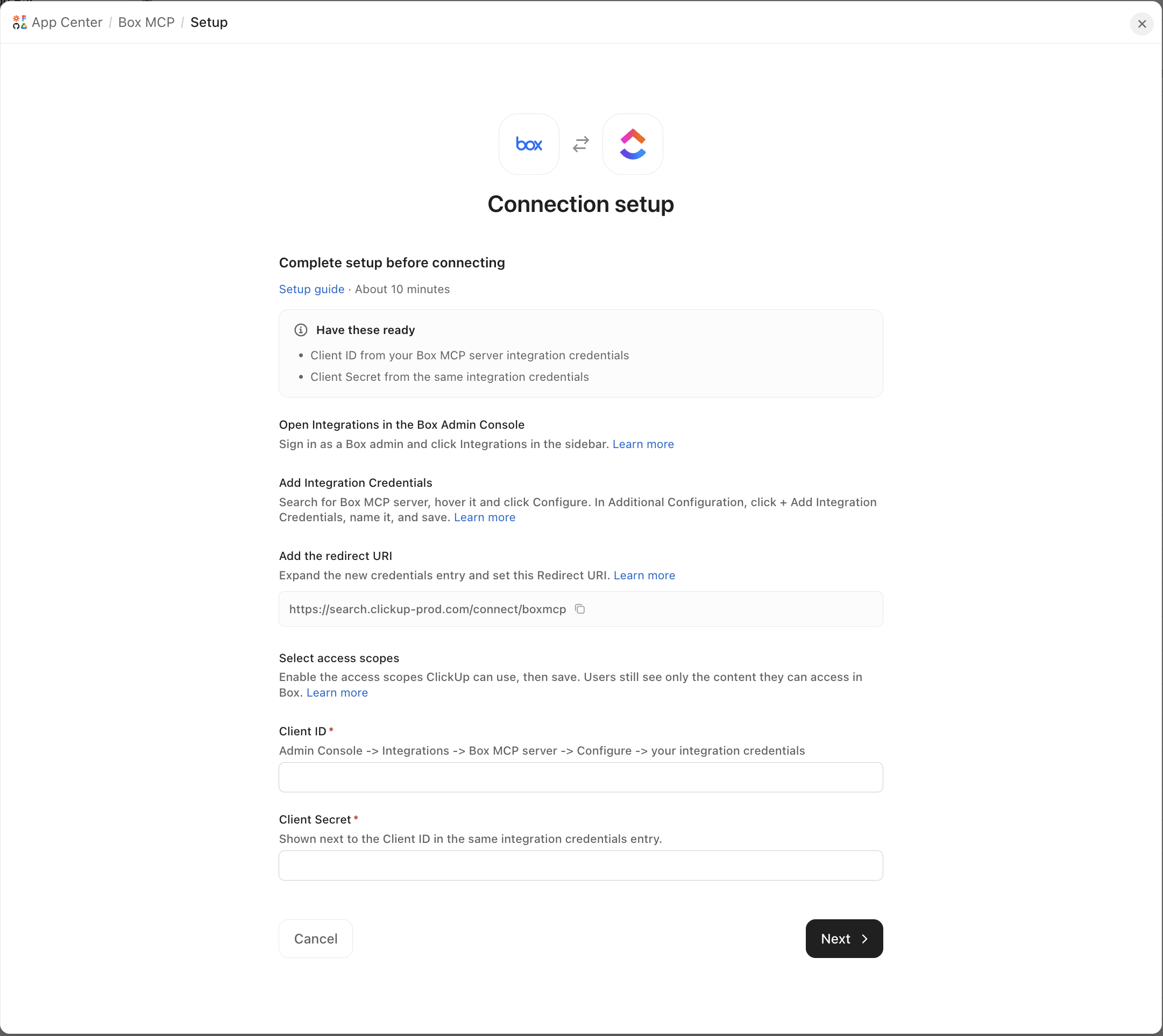 Capture d'écran de la connexion au centre d'applications