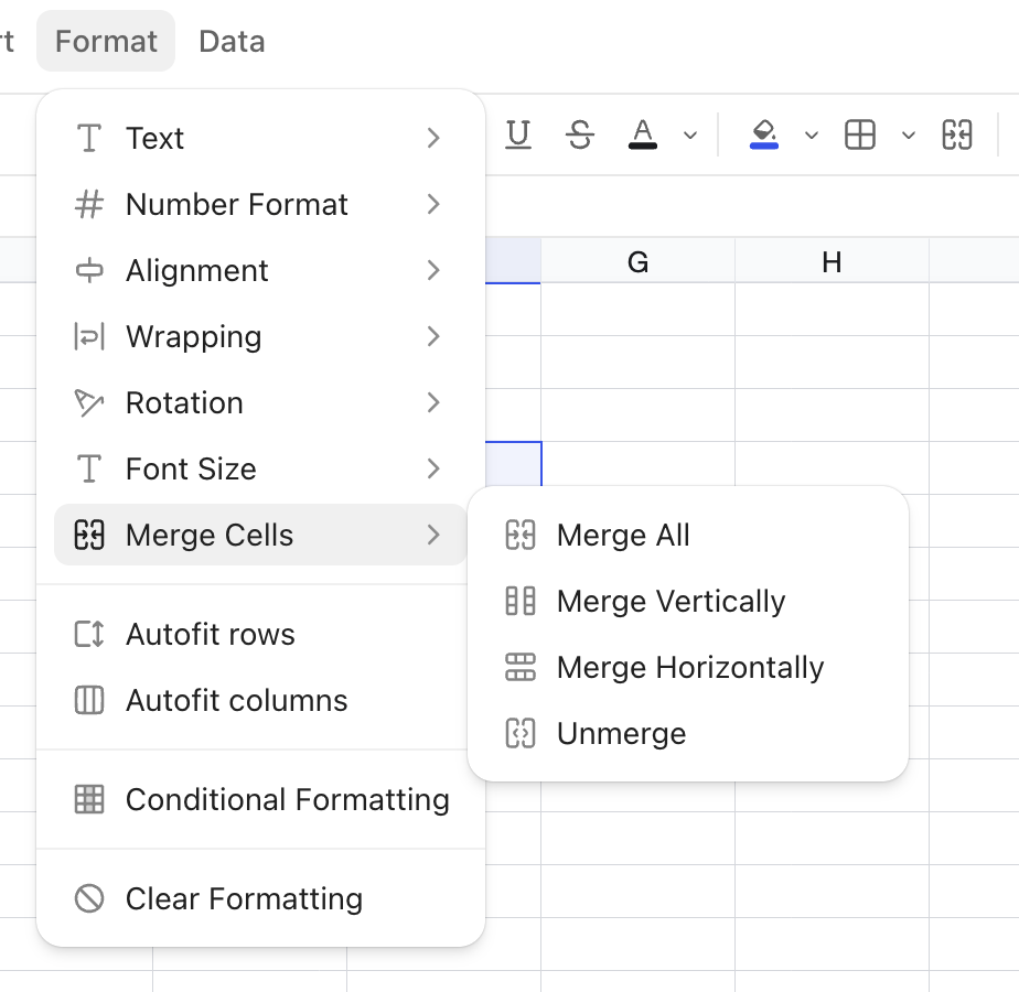 Screenshot of the merge cells option