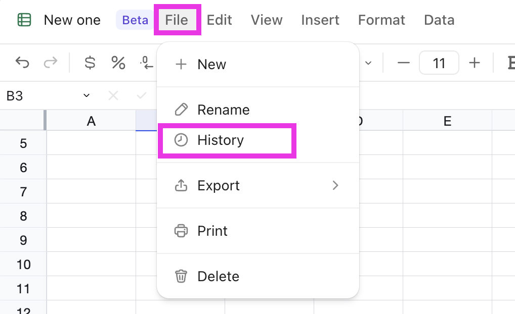 Screenshot of the history button