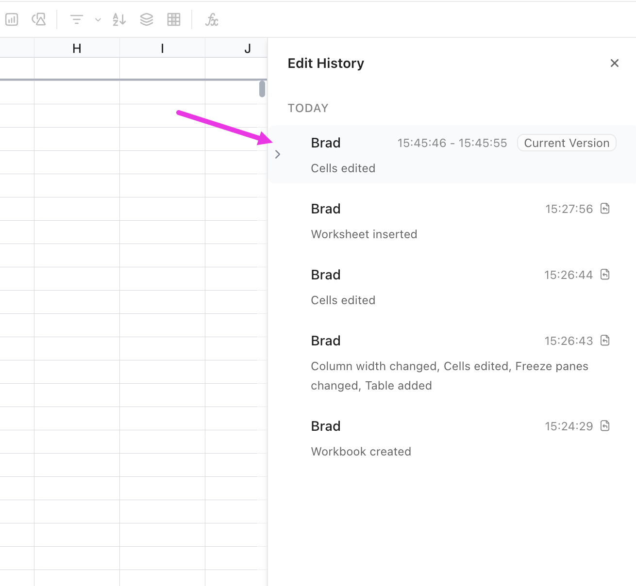 Screenshot of a sheet's history