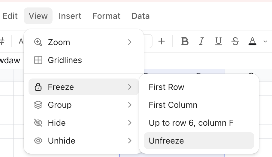 Screenshot of the freeze options