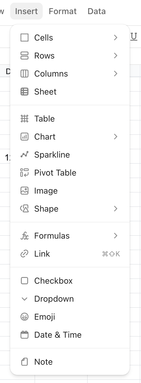 Screenshot of the insert options