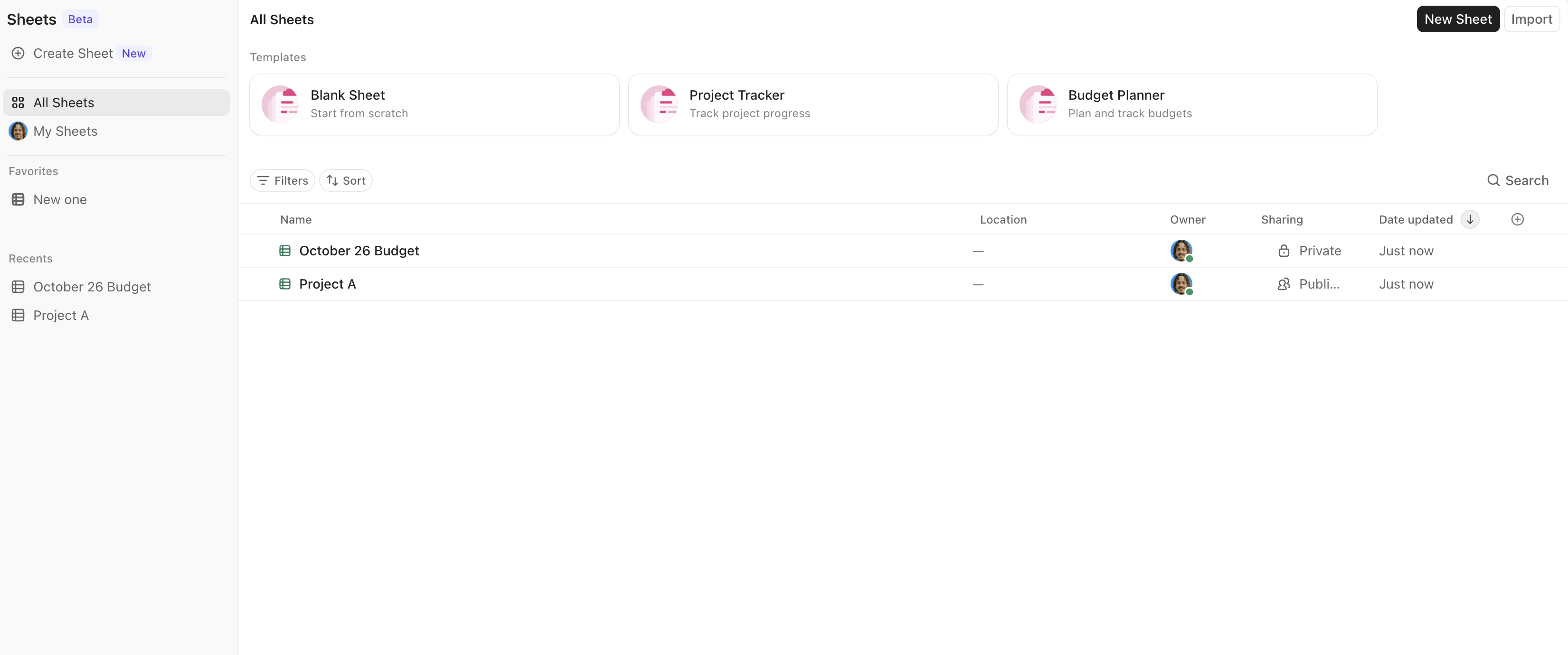 Screenshot der Hauptseite des Sheets Hub
