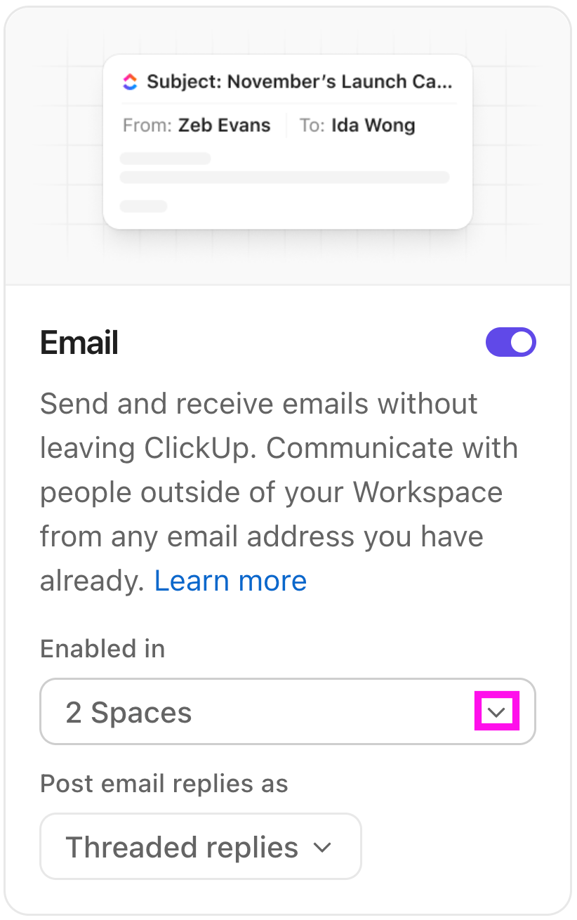 Captura de pantalla que muestra el desplegable Espacios en el ClickApp Correo electrónico