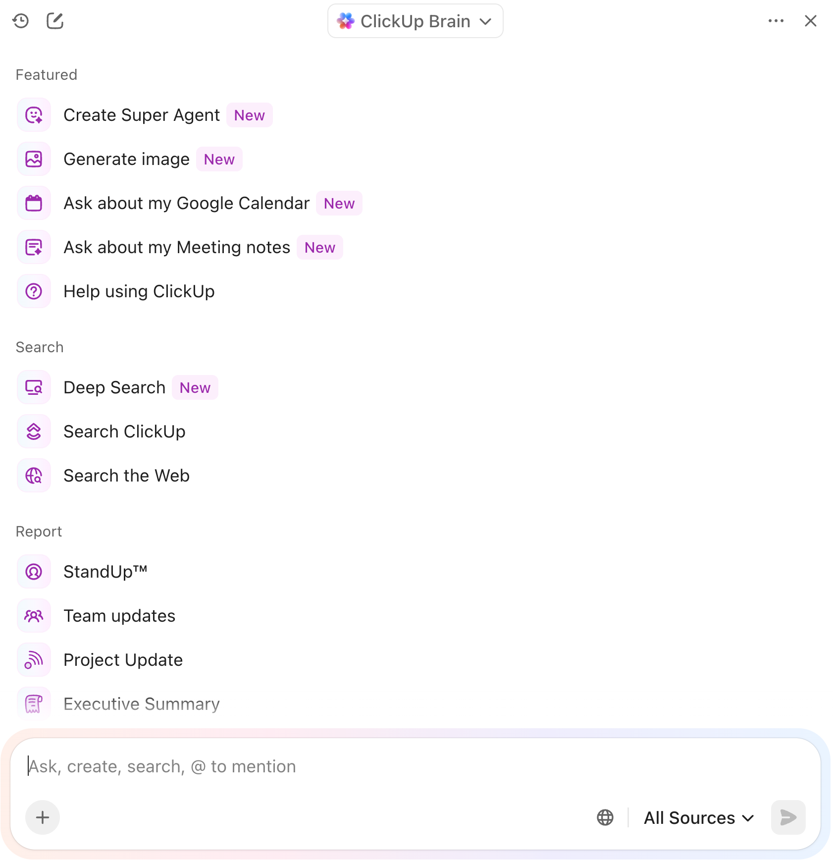 Screenshot della finestra modale di ClickUp Brain con i diversi strumenti selezionabili.png