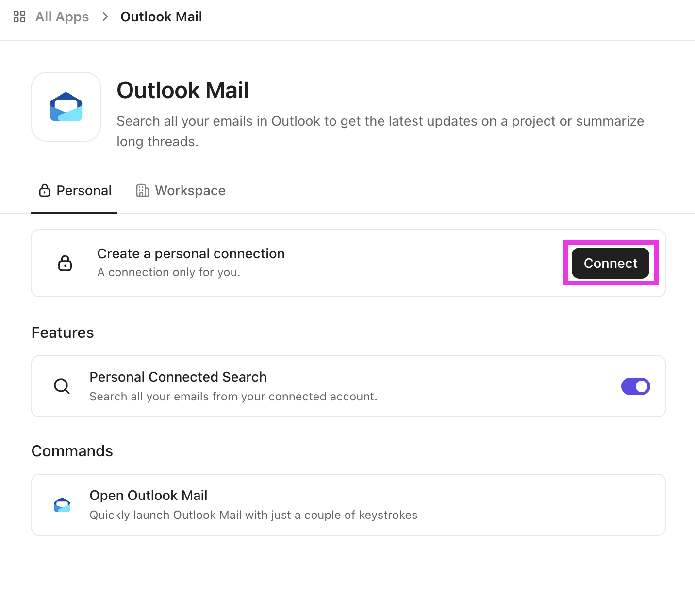Screenshot dell'app Outlook Mail.