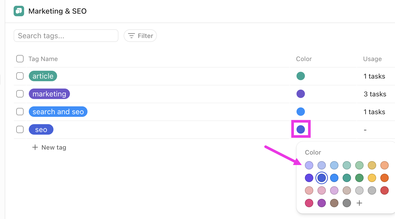 Capture d'écran des options de couleur
