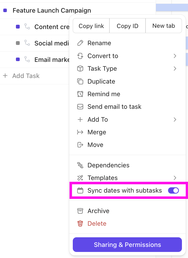 Captura de tela da opção de sincronizar datas com subtarefas