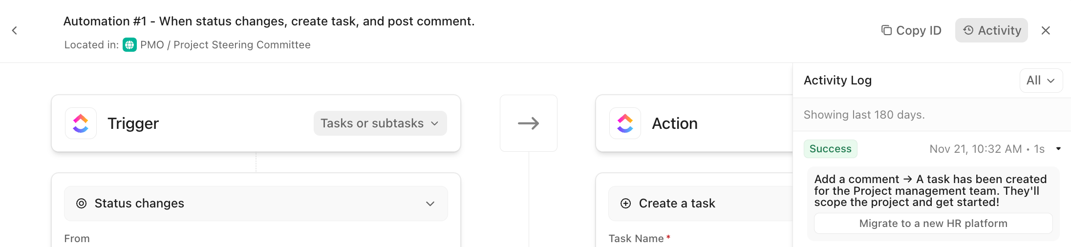 Screenshot della scheda Attività delle Automazioni.