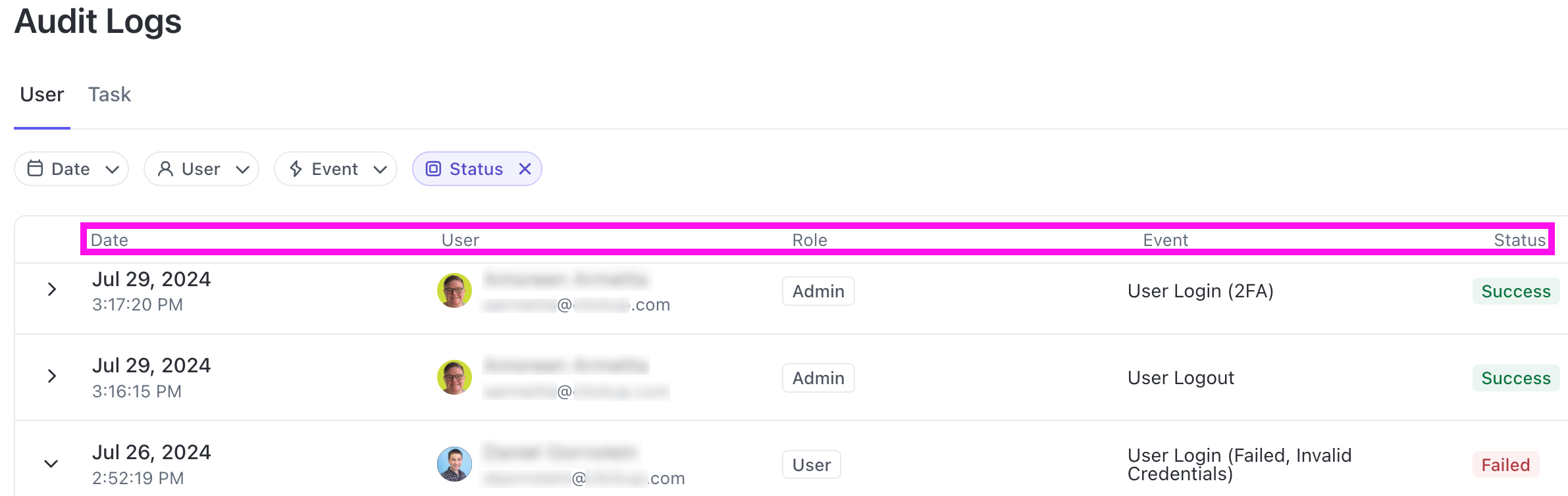 Screenshot mit hervorgehobenem Audit-Log-Tabellenkopf.