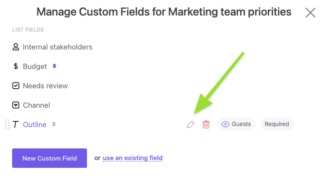 Screenshot of the Custom Field modal highlighting the edit icon.