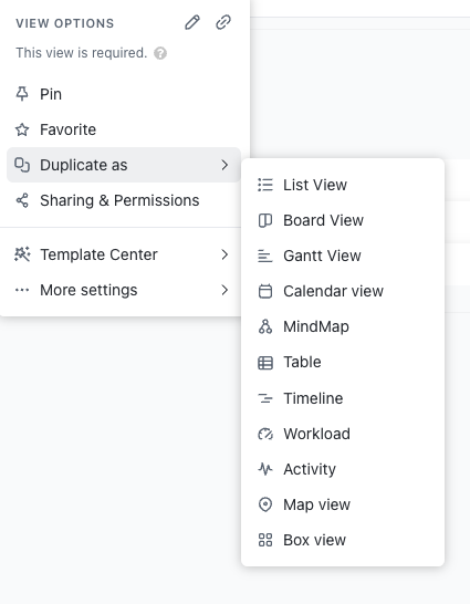 Screenshot highlighting the 'duplicate as' option in a view's ellipsis menu.