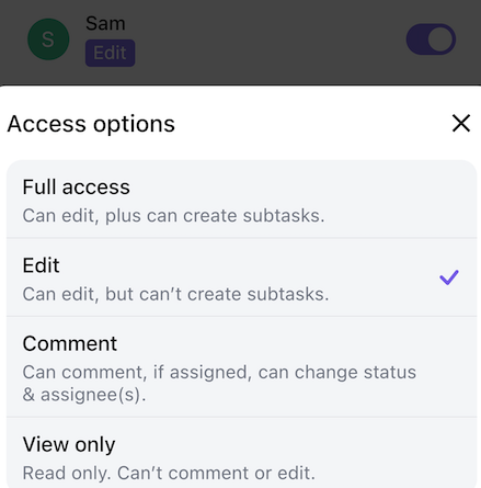 Screenshot of the access options available on a shared Folder.