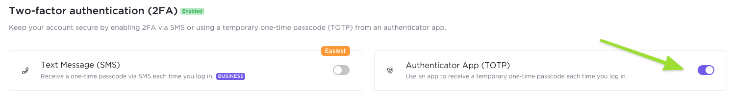 Screenshot of the 2FA settings page highlighting the option to disable the Authenticator App option.