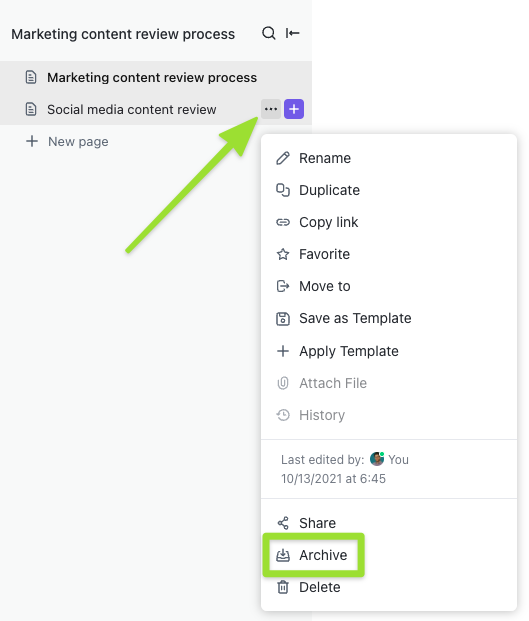 Screenshot del menu delle impostazioni della pagina che evidenzia l'opzione per archiviare una pagina singola.