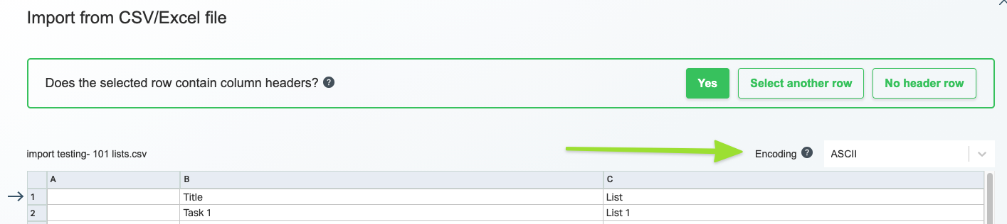 Screenshot of the Import CSV/Excel highlighting the column heading and encoding options.