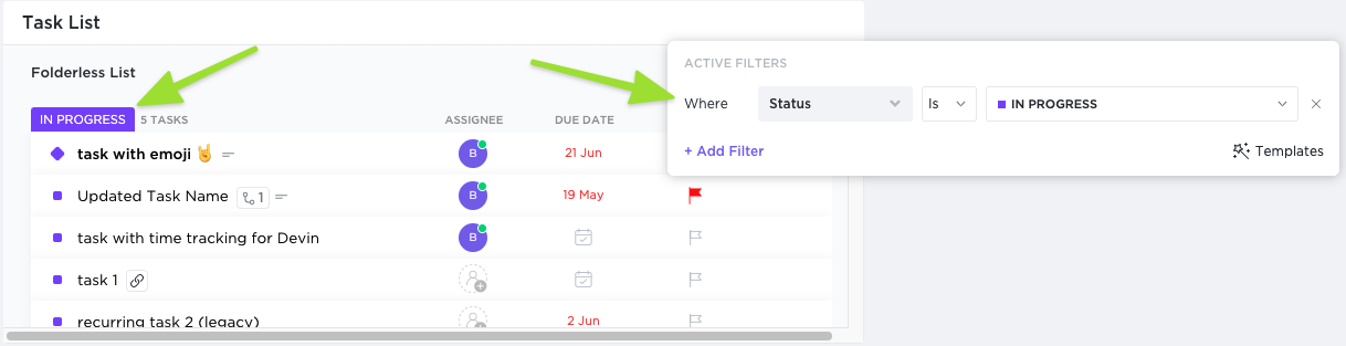 Screenshot of a Task list widget highlighting an active filter.