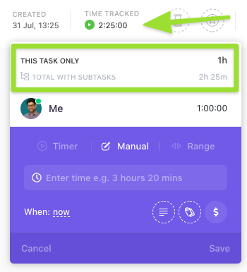 Screenshot of the time tracking modal highlighting the breakdown of time tracked on this task and subtasks.
