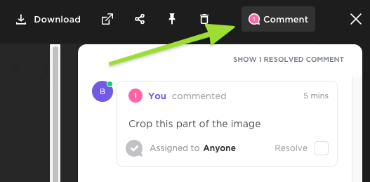 Screenshot of an image preview highlighting the Comment button.