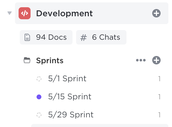 image of sidebar showing a Space, Sprints Folder, and Sprint Lists.