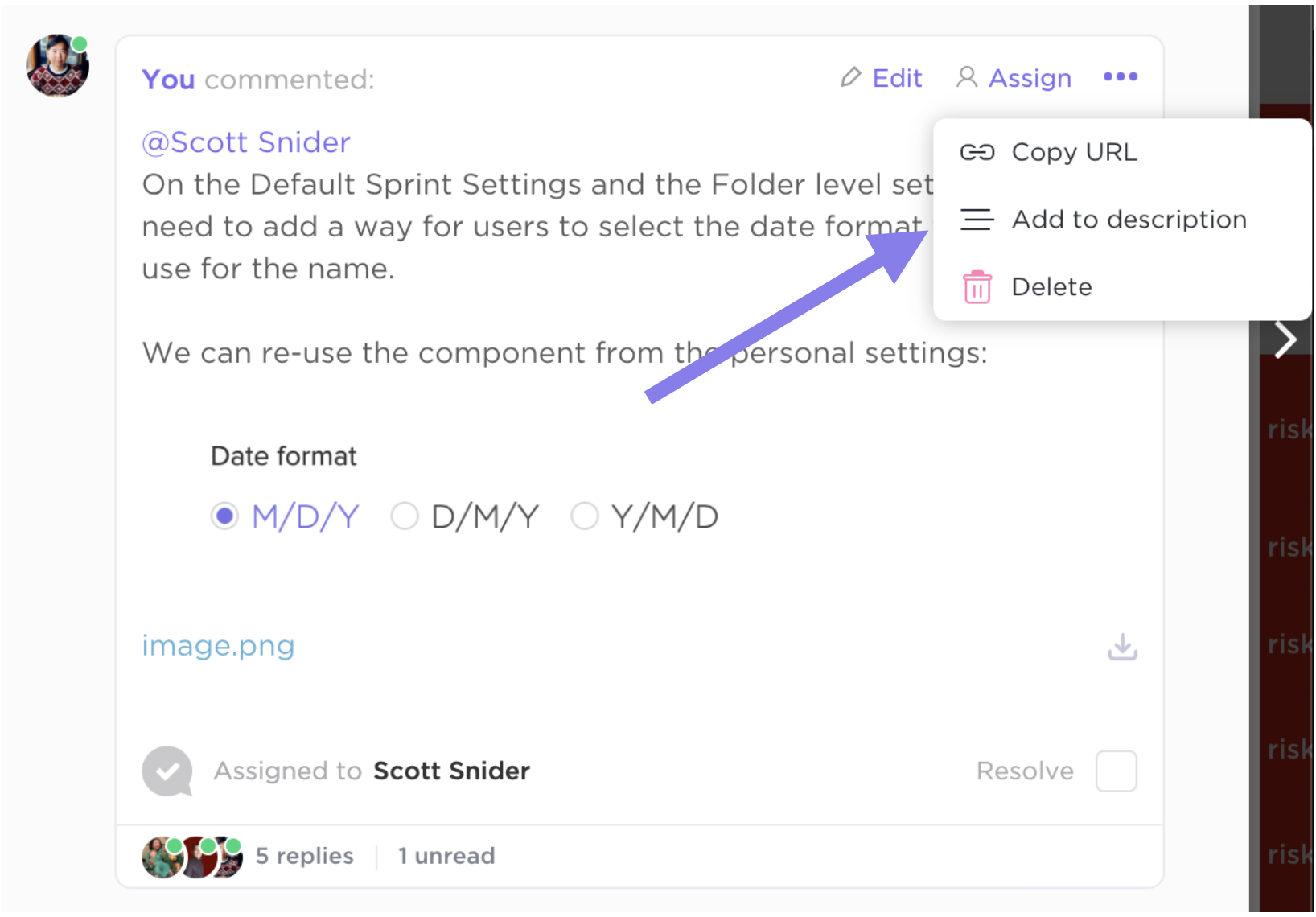 Image showing how to add comment content to a task description.