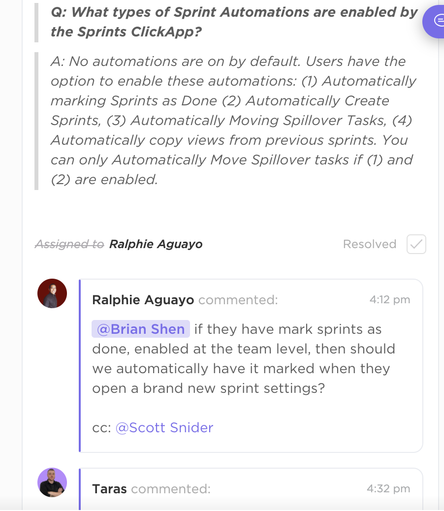 image showing threaded assigned comments.