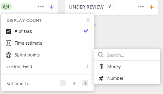 Screenshot of the different options for calculating totals.