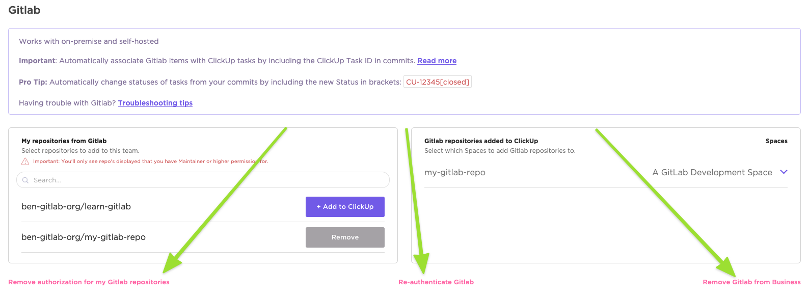 Screenshot of the 'Remove authorization for my Gitlab repositories', 'Reauthenticate Gitlab', and 'Remove Gitlab from Workspace' options in ClickUp.