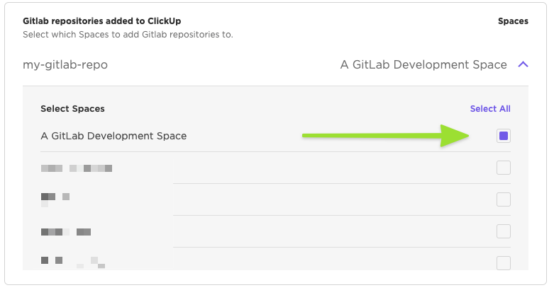 Screenshot of someone selecting Spaces in the 'Gitlab repositories added to ClickUp' menu.
