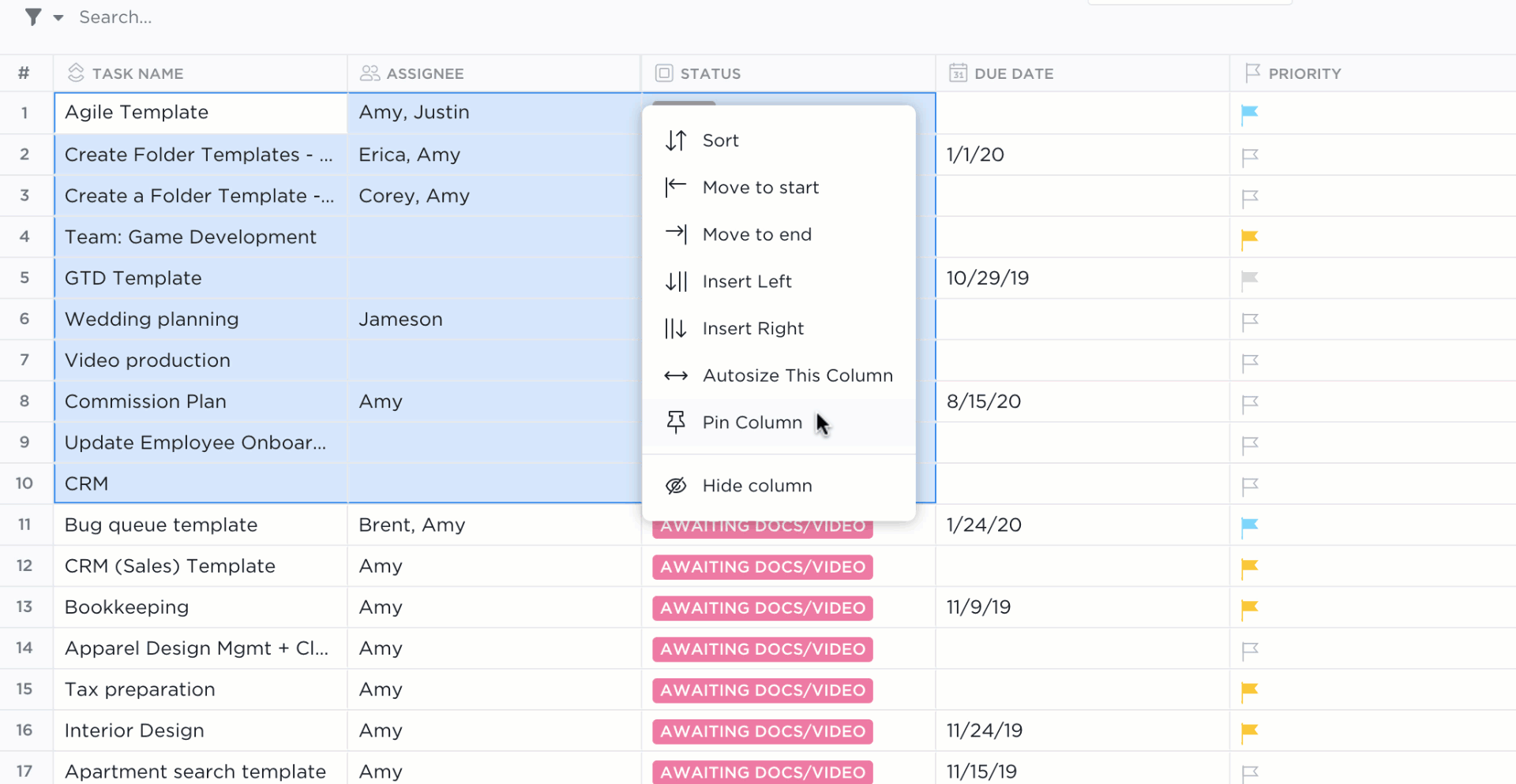 gif of Table view with actions such as highlighting multiple lines to copy, reordering tasks with drag and drop, and adjusting column width.