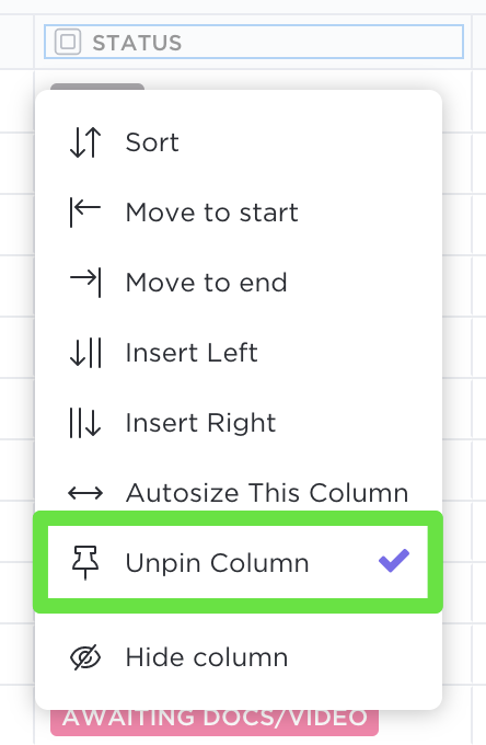 Pin and unpin a column in Table view.