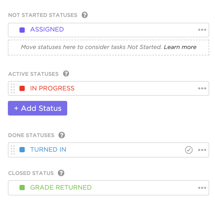 example of custom statuses with the Done status option.