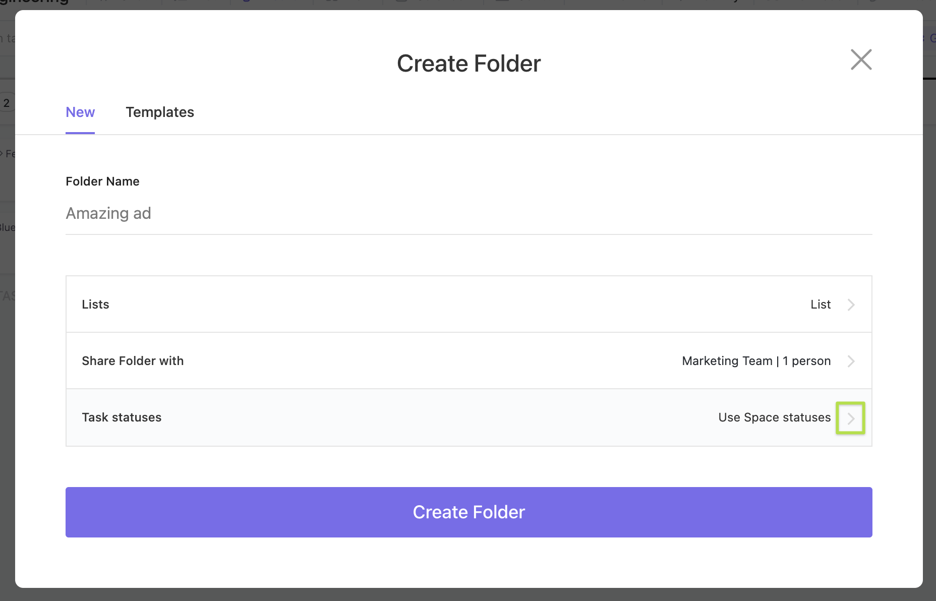 Screenshot of the Folder Status modal.