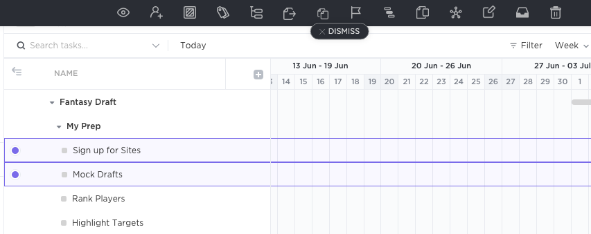 Screenshot showing the bulk action toolbar used with Gantt view.