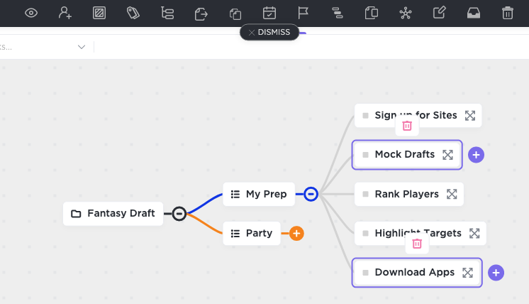 Screenshot of the bulk action toolbar used in Mind Maps.