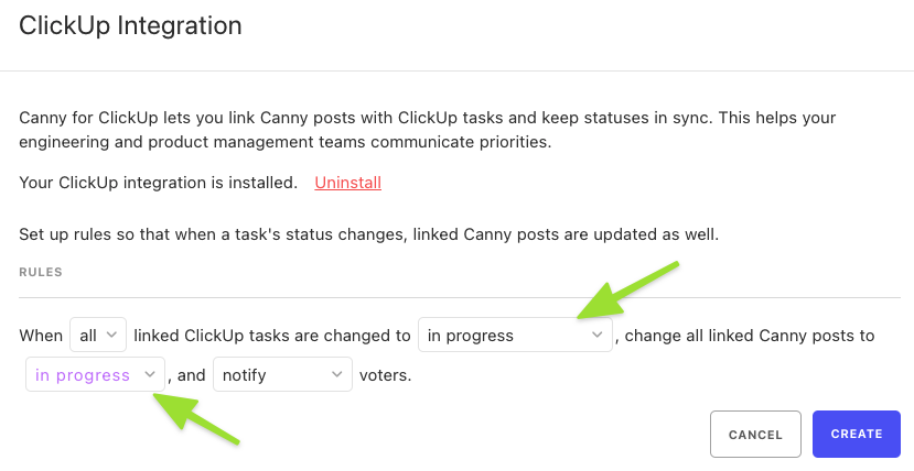 Screenshot showing how to create a rule to automatically update your Canny post statuses based on ClickUp task activity!