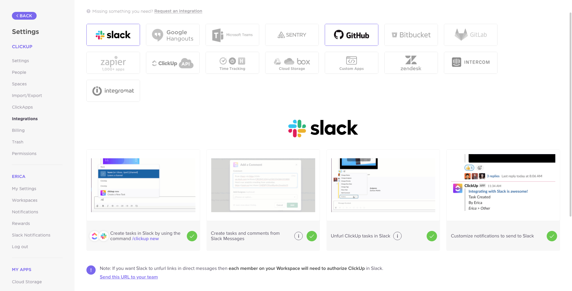 the integrations page in ClickUp for Slack.